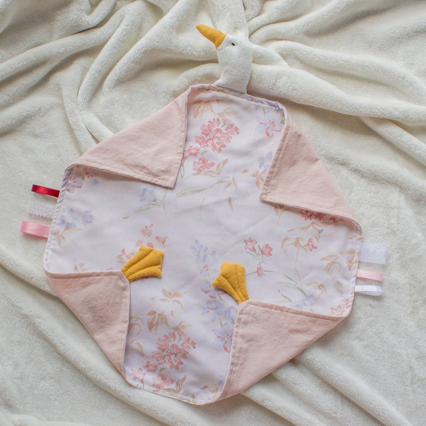 Floral Baby Duck Lovey | Ribbon Tab Sensory Blanket