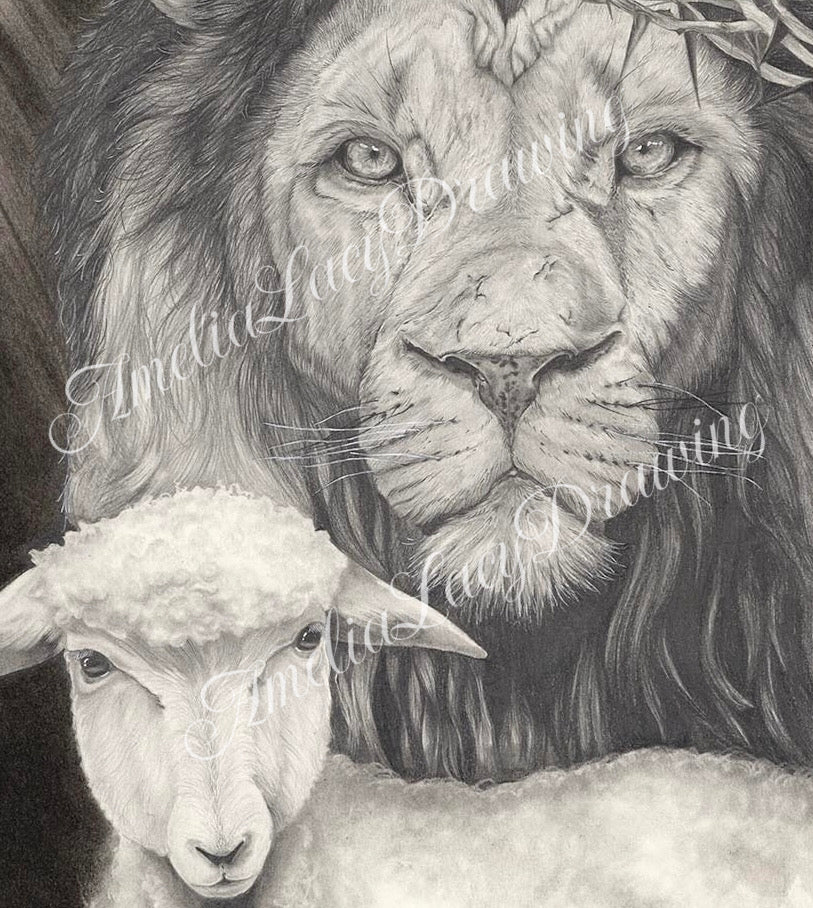 Original Lion and Lamb Pencil Drawing Print | Professional Digital Download